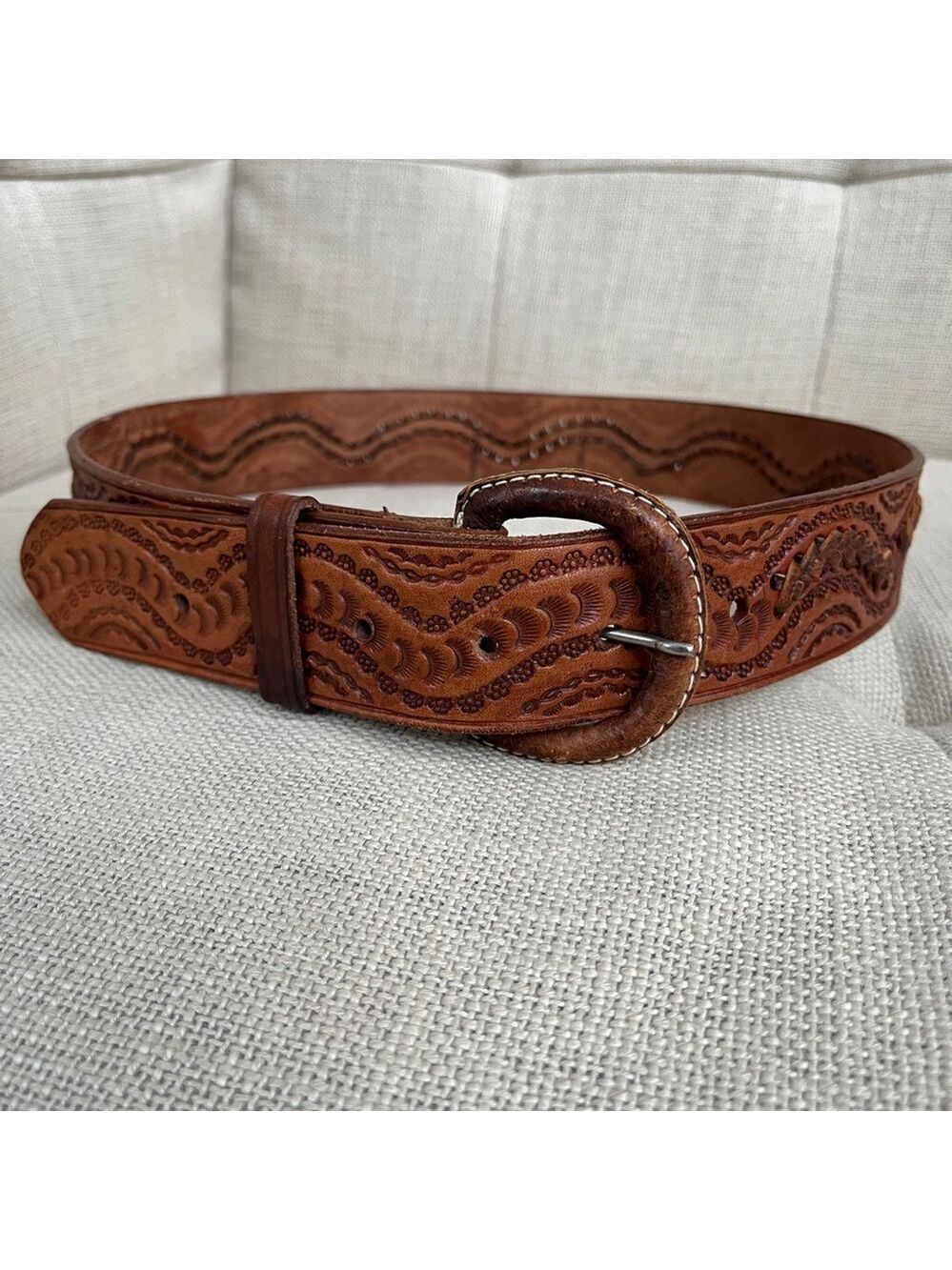 WESTERN Style Floral Tooled Lacing Detail Belt Brown Leather Rodeo Stampede